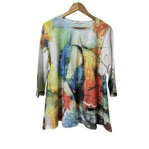 Jess & Jane Colorful Abstract Tunic Top Size M Lagenlook‎ Pockets Made in USA